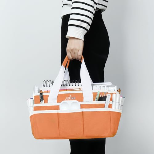 Image of JJRING Craft Organizer Tote Bag, Art Storage Caddy with Multiple Pockets, Orange Sewing Bag for Art, Craft, Scrapbooking, School, Medical, and Office Supplies Storage