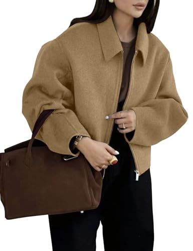 Image of Zucige Womens Cropped Wool Jacket Plain Zipper Short Pea Coats Fall Winter Trendy Tweed Jackets 2025(Khaki-S)