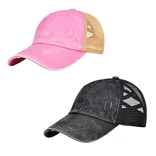 2 Pack Kids Girls Ponytail Baseball Hat Trucker Dad Ball Cap Criss Cross Messy Buns Ponycaps Distressed Washed Denim (Black & Pink) #TOP6