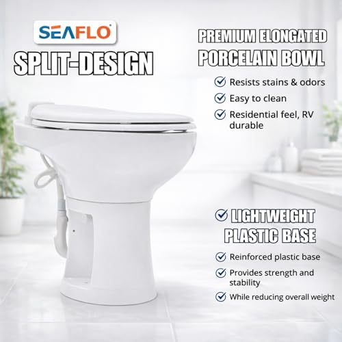 Image of SEAFLO Porcelain RV Toilet with Sprayer Attachment - Elongated Bowl 19 inch Inch Residential Height, Gravity Flush, Foot Pedal Soft Close Seat Camper Motorhome Easy Install 4 -year Warranty SFRTCH-02-02