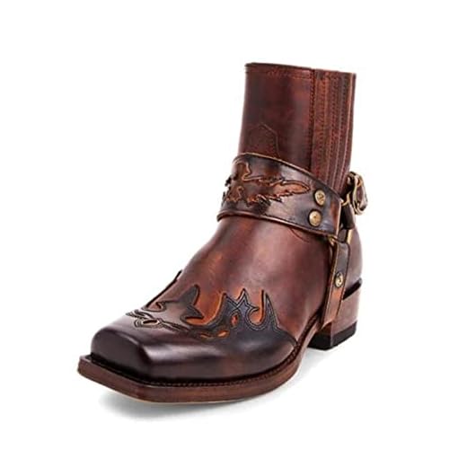 GATURA Bottines Vintage pour Hommes Style Steampunk Round Head Rough Heel Shorts Similicuir PU Cuir Western Cowboy Boots Outdoor Casual Bottes de Sport, 38-48,Marron,43