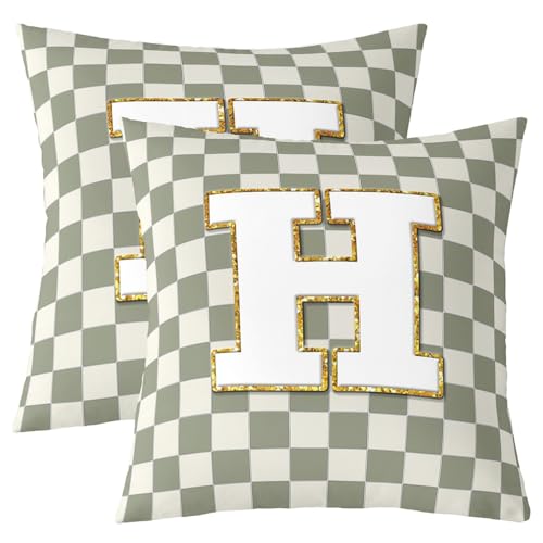 Image of Erosebridal Sage Green Checkered Throw Pillow Covers 22x22 Set of 2 Plaid Initial H Cushion Cover Personalized Monogram Throw Pillow Case for Bed Couch Sofa Fashion Grids Gingham Home Decor