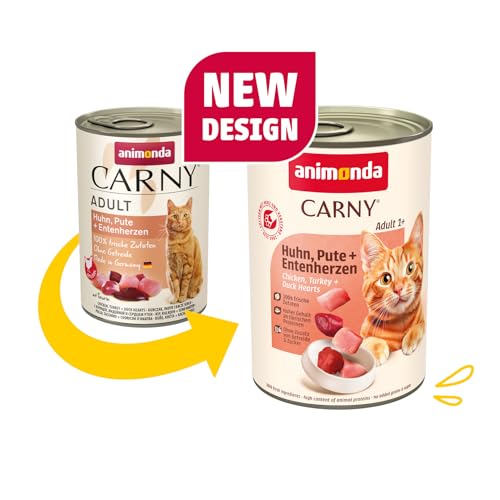 animonda Carny Katzen Nassfutter Huhn + Pute + Entenherzen (6 x 400g), getreidefreies Katzen Nassfutter ohne Zucker, mit frischen fleischigen Zutaten