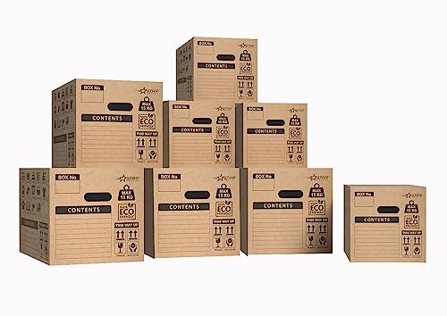 Eco Cardboard Moving House Packing Boxes Strong Heavy Duty with Handle and Item/Room List Asoorted Size Pack of 5