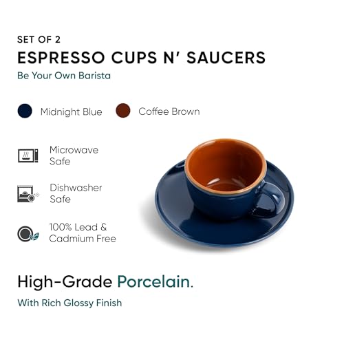 Image of Shay Ceramic Espresso Cup Set, Set of 2, 100ml, Midnight Blue | Espresso Cup and Saucer | Glossy Finish | Microwave Safe (Espresso Set, Midnight Blue)