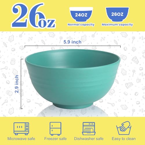 Image of Wheat Straw Bowls Set of 6, 26 OZ Unbreakable Cereal Bowls for Family Meals, Reusable Dishes for Soup, Salad, Snacks, Microwave and Dishwasher Safe, for Kitchen, Camping, RV, Green