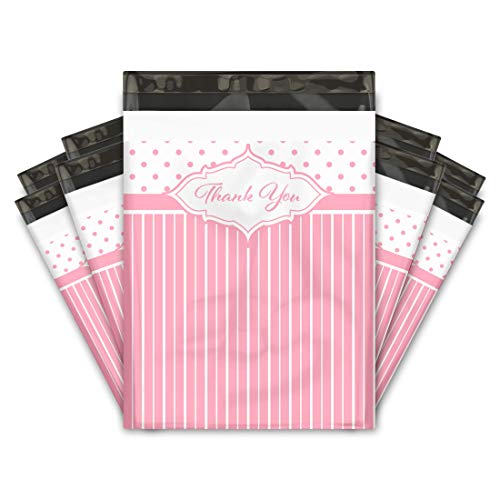 10x13 (100) Thank You Pink Stripes Polka Dots Valentine's Day Designer Poly Mailers Waterproof Self Sealing Tear Resistant Polymailers Shipping Envelopes Premium Printed Bags For Small Businesses