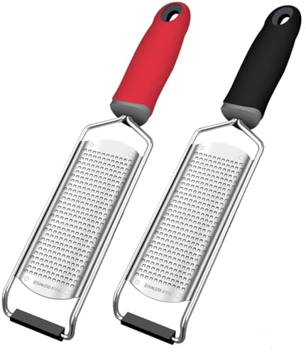 Image of Lemon Zester & Cheese Grater - Cheese, Lemon, Ginger, Garlic, Vegetables, Fruits - Razor-Sharp Stainless Steel Blade Protective Cover, Dishwasher Safe 12 Inch Flat (Black & Red)