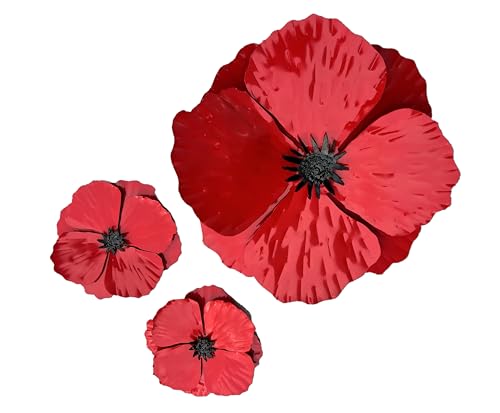 dwcmetals Giant Wall Hanging Poppy Set of 3 Red Metal Flowers Perfect Wall or Privacy Fence Accent