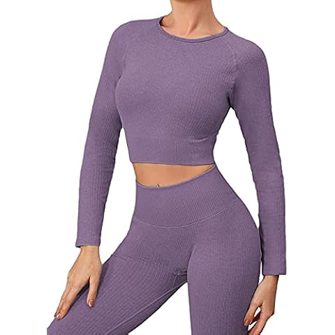 Buscando Long Sleeve Workout Sets for Women 2 Piece Ribbed High Waitst Athletic Legging Workout Outfits 2 Piece (Dark Purple, Medium) Cover
