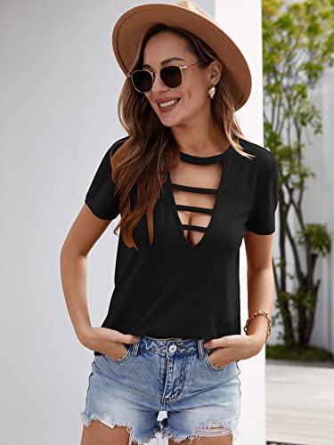 Romwe Women's Cut Out Deep V Neck Choker Short Sleeve T Shirts Tunic Tops Tee Blouse Black S #TOP5