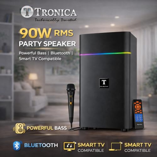 Tronica Boom Box Bluetooth Party Speaker 90W RMS with Dual Mics (Wired & Wireless) | Powerful Bass | USB/FM/AUX Smart TV Compatible | Remote Control | Vivid RGB Lights | Karaoke & Home Theater System 8 41ddzvjRm L