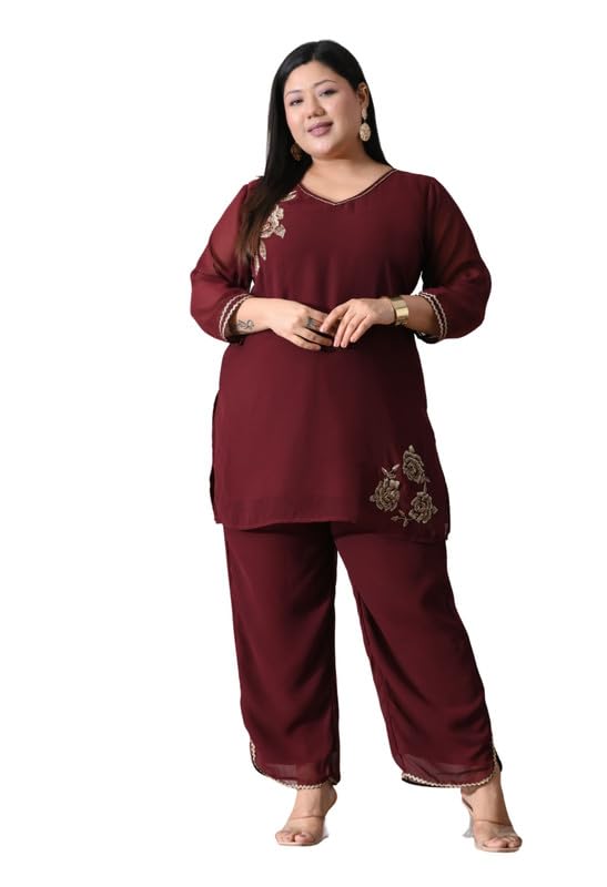 Plus Size Embellished Floral Georgette Co-ord Set | Ethnic Co-ord Sets for Women Stylish | 2 Piece Cord Set | 3/4 Sleeves Tunic & Trousers Sets | Everyday Wear-image-36