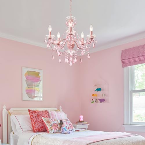 AMZASA Modern Crystal Pink Chandelier, Not Acrylic Crystal,Pink Crystals Hanging Pendant Light for Girls Room,Ceiling Medallions, Farmhouse Glass Chandelier for Wedding, Kitchen, Dining,Foyer,Island - Image 5