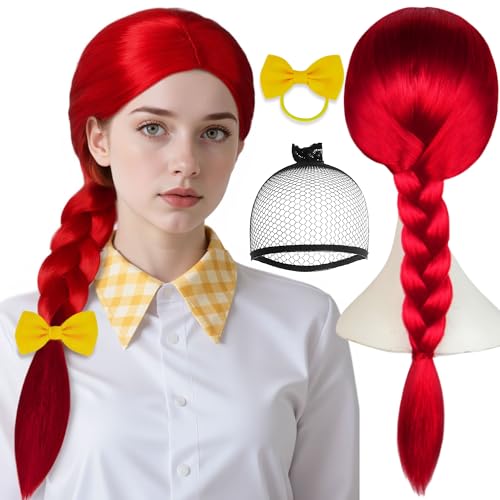 ESUNO Hair Cap+Red Braided Wig with Bow Long Braided Anime Outfit Straight Role Playing Wig for Women Straight Middle Part Outfits Red Hair Cowgirl Costume for Halloween Party Cosplay