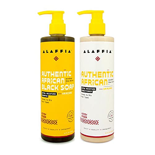Alaffia Authentic African Black Soap Extra Moisture Shampoo & Conditioner - For Normal to Dry Hair Types, Helps Reduce Frizz, Restores Moisture Balance, Honey Amber, 12 Fl Oz Each