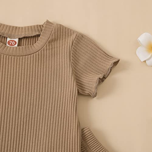 Aruzig Toddler Baby Girls Clothes Solid Ruffle Outfits Infant Summer Short Sleeve T-Shirt Tops Shorts Set 2-3T Khaki #TOP4