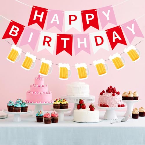 Image of Beer Birthday Banner for Beer Party and Birthday Wedding Party Supplies (Red+Pink+White)