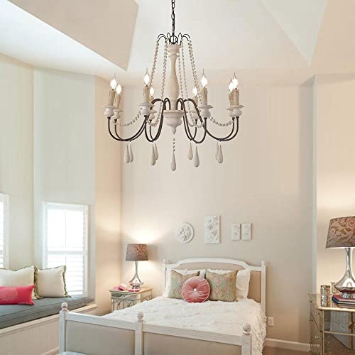 Jinyuze Ceiling Light Fixture,French Country Candle-Style Wood Bead Swag 1-Tier/2-Tier Wooden Chandelier,8 Lights,White #TOP7