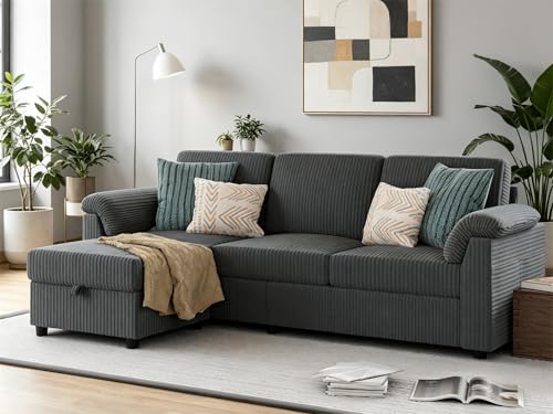 Vongrasig 79' Convertible Sectional Sofa Couch, 3 Seat L Shaped Sofa with Ottoman Corduroy Fabric Small Couch Mid Century for Living Room, Apartment and Office (Gray)