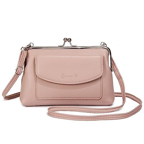 Genuine Leather Small Shoulder Bag for Women Kiss Lock Fashion Phone Purse (Pink)