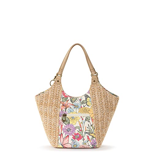 Sakroots Womens Straw Small Roma Shopper Bag In Coated Canvas With Dual Shoulder Straps, Pinkberry Bloom, Pinkberry In Bloom