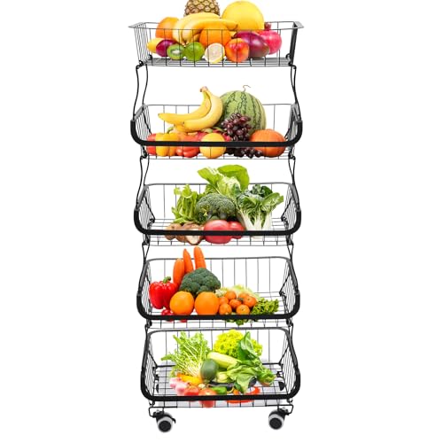 RUETERY Cesta de almacenamiento de frutas y verduras con 5 niveles, estante de cocina de varios niveles con 4 ruedas para guardar frutas y verduras, utensilios de cocina, aperitivos, toallas, gel de