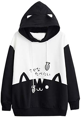 Zpervoba Teen Girl's Womens Japanese Kawaii Style Kitty Cat Print Pocket Long Sleeve Casual Loose Thin Hoodie Tops