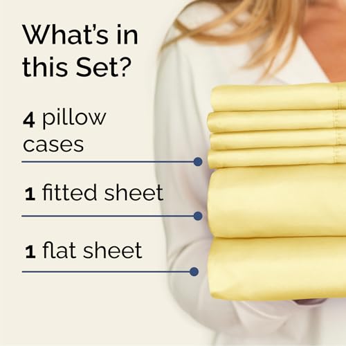 Image of Cal King 6 Piece Bed Sheet Set - Soft, Breathable & Cooling Sheets - Yellow | Ultra-Soft Hotel Luxury Bedding Set with 8-16 Inch Deep Pockets, 1 Flat & 1 Fitted Sheet & 4 Pillowcases, Wrinkle & Fade Free