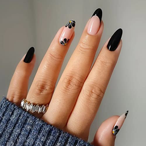 Ezpieces French Tip Press on Nails Meidum, Black Floral Fake Nails Short Almond Shaped with Nail Glue, Acrylic Glue on Nails for Women/Daily/Party, 24PCS/Set(Black-Flower)