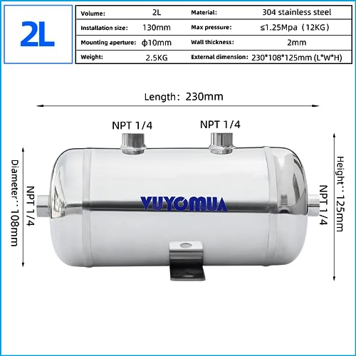 Image of 1 /4 inch NPT Air Compressors 0.5 Gallon Stainless Steel Portable Air Compressor Max 180PSI Air Reservoir Water Storage Tank for Truck, Car, Air Horn, Inflating Tires, Air Ride
