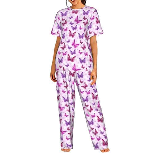 Pyjama manches courtes femme rose motif papillon idéal pour cocooning