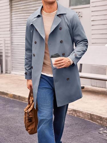 Image of Runcati Mens Trench Coat Double Breasted Mid Long Jacket Casual Belted Overcoat Notched Lapel Windbreaker