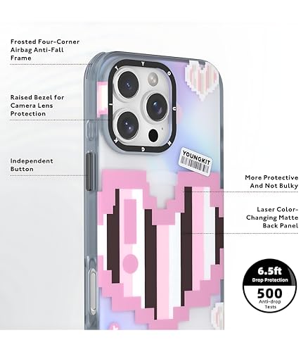 Image of Color-Changing Pixel Heartbeat Phone Case for iPhone 16 Pro Compatible with Wireless Charging | Thermo Reactive Heat Touch Design | Slim Shockproof Back Cover | Pink Edition