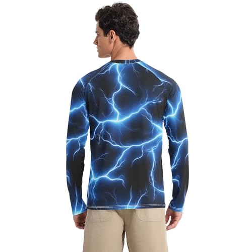 Bolaz Mens UV Protection Shirts Rash Guard Long Sleeve UPF 50+ Blue Lightning Quick Dry S2