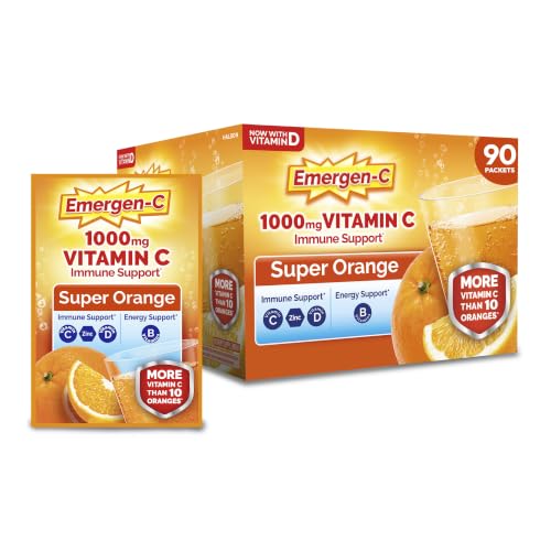 Image of Emergen-C 1000mg Vitamin C Immune Support Powder, Super Orange, 90 ct | B Vitamins for Energy, Zinc and Manganese, Vitamin D, Electrolytes, 3 Month Supply, Natural Flavor