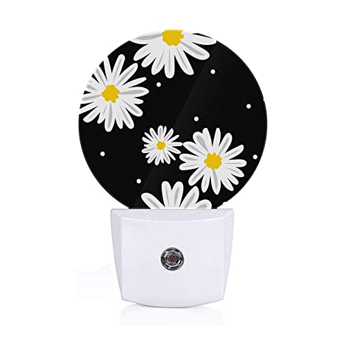 Image of Axayaz White Daisy Plug in Night Light Yellow Tiny Flowers Circle On Black Background Auto LED Lamp Energy Saving Round Lights for Boys Girls Men Women