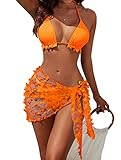 Blooming Jelly Womens 3 Piece Swimsuits Triangle Halter Thong Bikini Set Butterfly Bathing Suits Sarongs（M, Brignt Orange）
