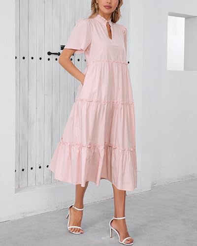 Image of YEXPINE Women's V Neck Tiered Midi Dress Casual Short Sleeve Ruffle Flowy Summer Beach Vacation Long Dress