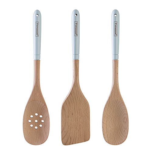 Typhoon Living Beech 3-Piece Utensil Set, Blue, Includes a Slotted Spoon, Solid Spoon and Turner, Durable Beechwood Ideal for Non-Stick Cookware, Color-Dipped Handles, Hanging Loops for Easy Storage