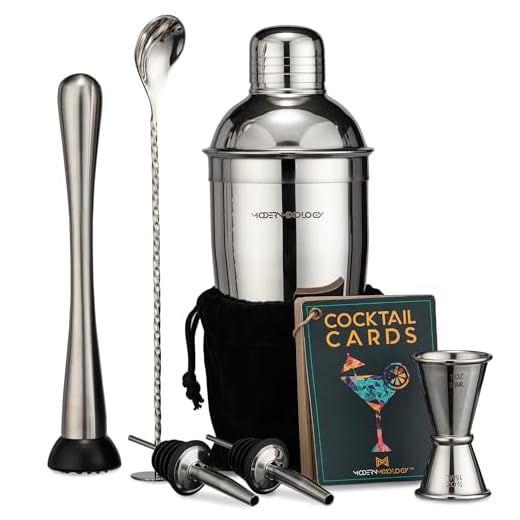 Mixology Cocktail Shaker Set Drink Mixer, 8-Piece Portable Bartender Kit with 24oz Martini Shaker Barware Tool Set, 2 Pourers, Muddler, Jigger, Mixing Spoon, Velvet Bag, Built-in Strainer (Silver)