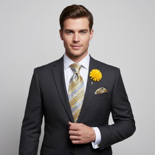 Image of 5PCS Mens Silk Designer Tie, Pocket Square, Cufflinks, Drilled Tie Ring and Lapel Pin Set for Wedding Groom Party