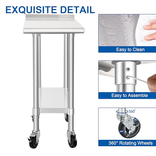 Image of HARDURA Stainless Steel Commercial Work Table with Wheels Prep & Work Metal Table 30x12 Inches Heavy Duty NSF with Casters and 2 inch Backsplash