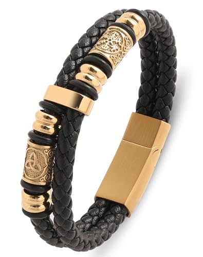 Edulex Mens Cuff Viking Bracelet - Celtic Knot and Compass Gold 316L Stainless Steel Black Leather Bracelets for Men - Double Row Punk Jewelry