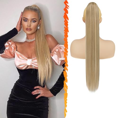 BARSDAR Coleta Postiza Pelo Largo Natural, 66cm Largo Liso Cola de Caballo Extensiones con Cordón Sintetico Extensiones de Pelo Coleta Clip in Ponytail Postizos para Mujer - Cenizo Claro Rubio Mixto