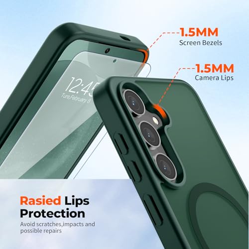 Image of SUPFINE Magnetic for Samsung Galaxy S24 Case / S25 Case with Screen Protector, (Built-in Magnets) (Military Grade Drop Protection) Slim Translucent Shockproof Phone Case,Forest Green