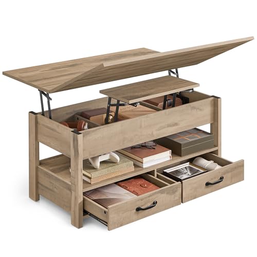 VASAGLE Table Basse, Table de Salon Relevable, Vérin à Gaz, 2 Tiroirs et 3 Compartiments sous Le Plateau, 1 Compartiment Ouvert, pour Salon, Bureau, Marron Camel...