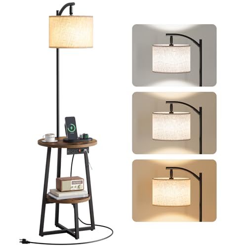 Yoobure Floor Lamp with Table - Night Stand with Charging Station Side Table with Floor Lamps for Living Room Bedroom End Table with Standing Lamp Attached 3 Color Temperatures Bulb 2 Tier Shelves