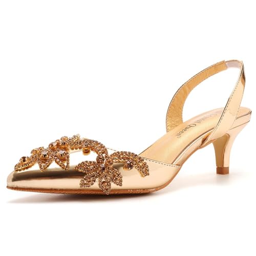 Chaussures de mariage strass dorées à talon aiguille chaton slingback bout fermé pour mariée