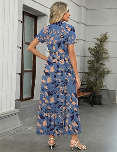 Image of Kranda Women 2026 Summer Collared V Neck Short Sleeve Button Down Chiffon Long Tiered Floral Maxi Dress with Pockets